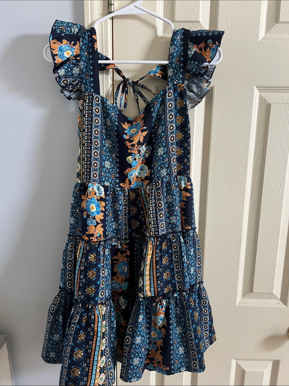 Floral Tiered Mini Dress with Ruffle Straps - Navy Blue